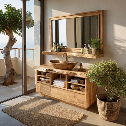 Natural Solid Wood Bathroom Vanity with Three Drawers and Open Shelving - Livewoodcraft - 3