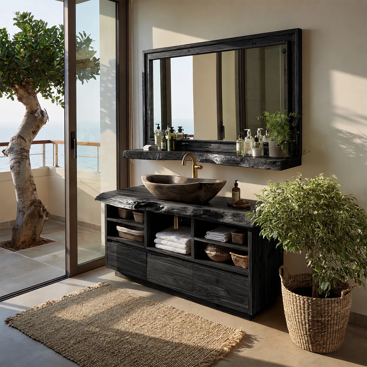 Natural Solid Wood Bathroom Vanity with Three Drawers and Open Shelving - Livewoodcraft - 4