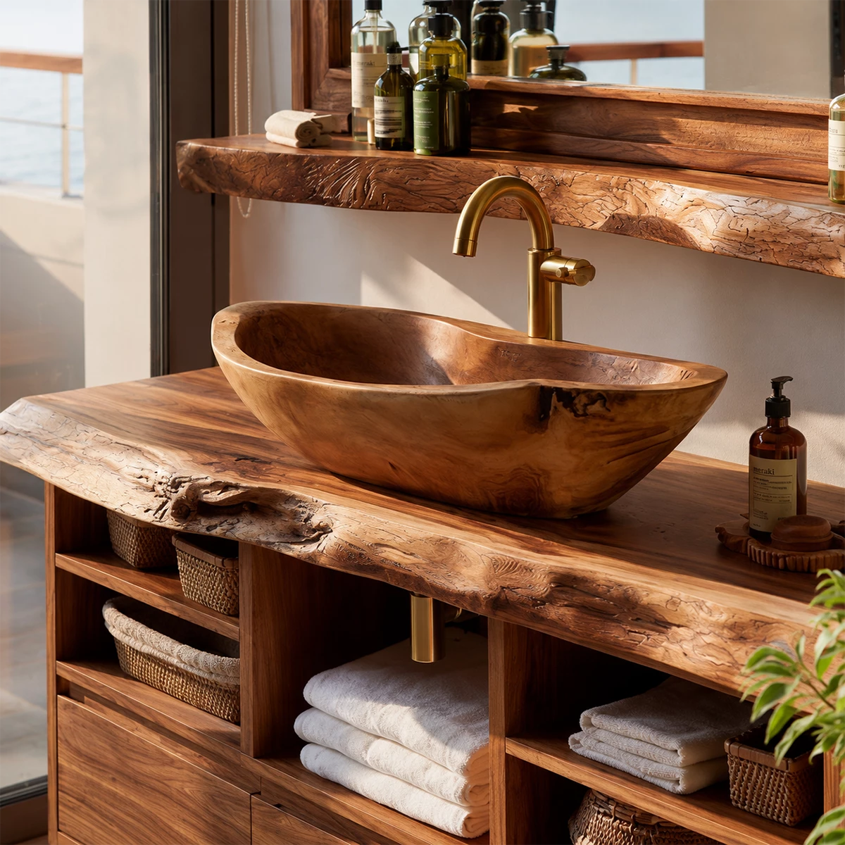 Natural Solid Wood Bathroom Vanity with Three Drawers and Open Shelving - Livewoodcraft - 5