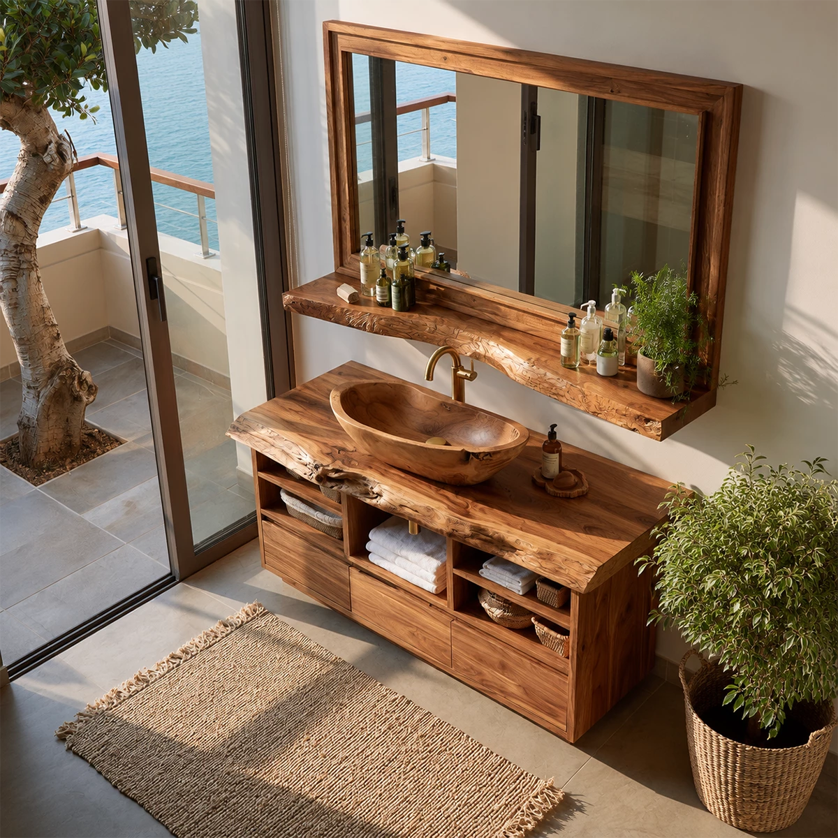 Natural Solid Wood Bathroom Vanity with Three Drawers and Open Shelving - Livewoodcraft - 6