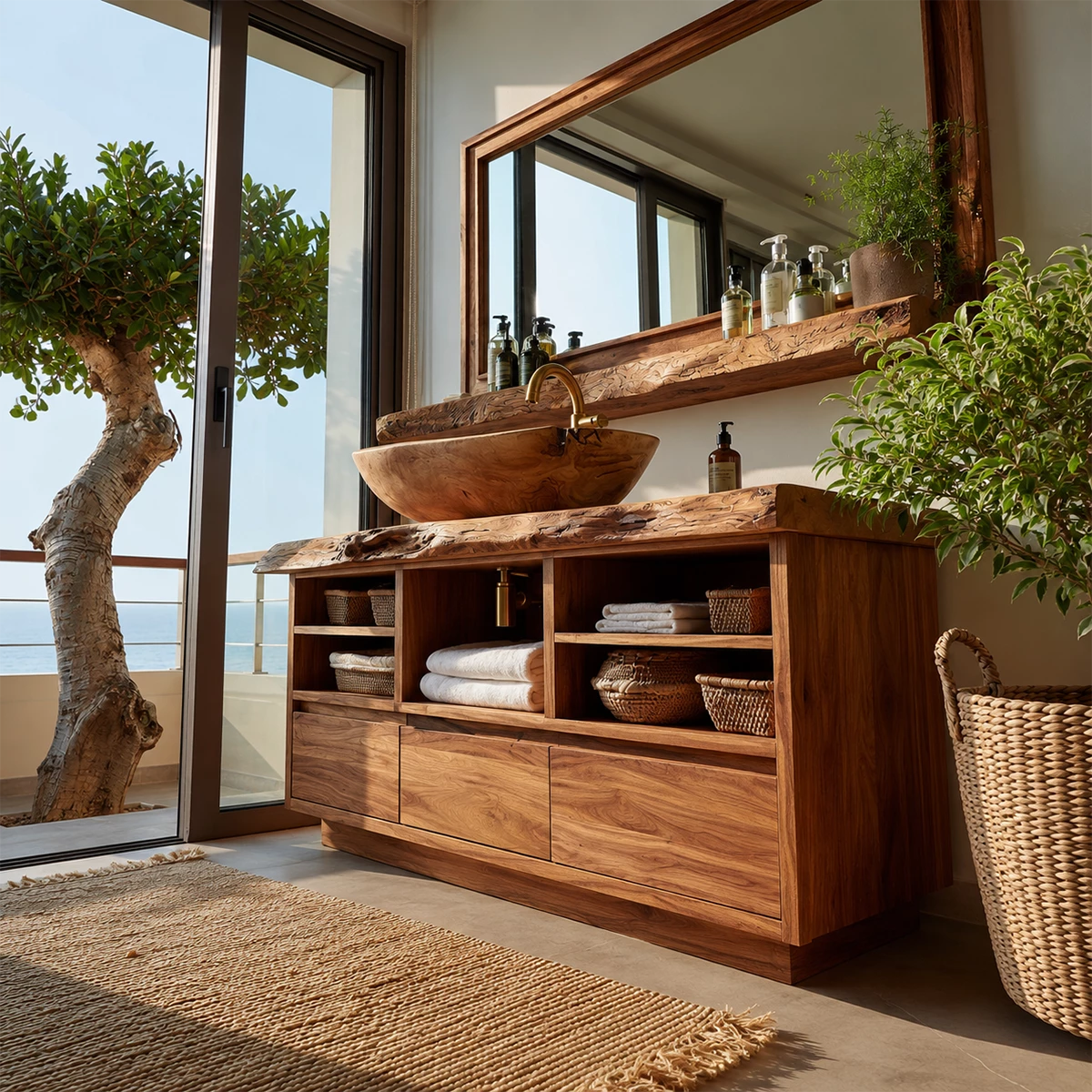 Natural Solid Wood Bathroom Vanity with Three Drawers and Open Shelving - Livewoodcraft - 7