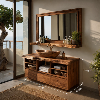 Natural Solid Wood Bathroom Vanity with Three Drawers and Open Shelving - Livewoodcraft - 9