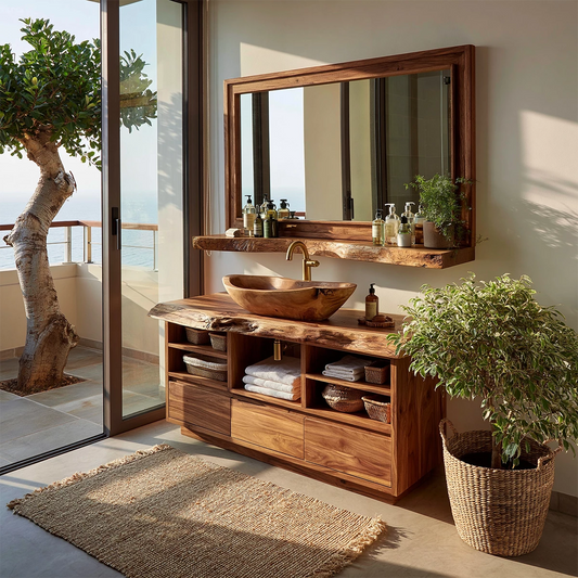 Natural Solid Wood Bathroom Vanity with Three Drawers and Open Shelving - Livewoodcraft