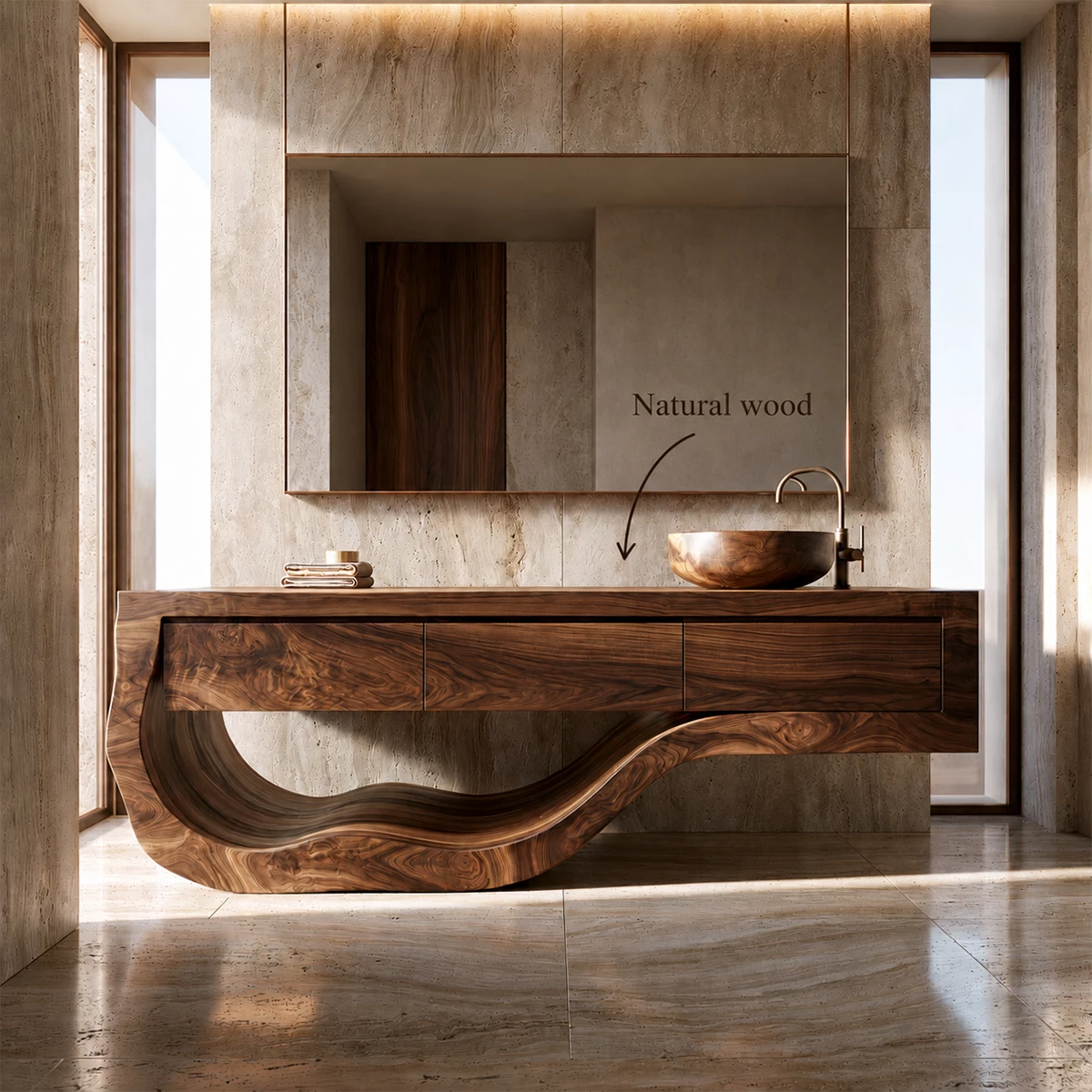 Natural Solid Wood Bathroom Vanity with Three Drawers and Sculptural Wave Base - Livewoodcraft - 10