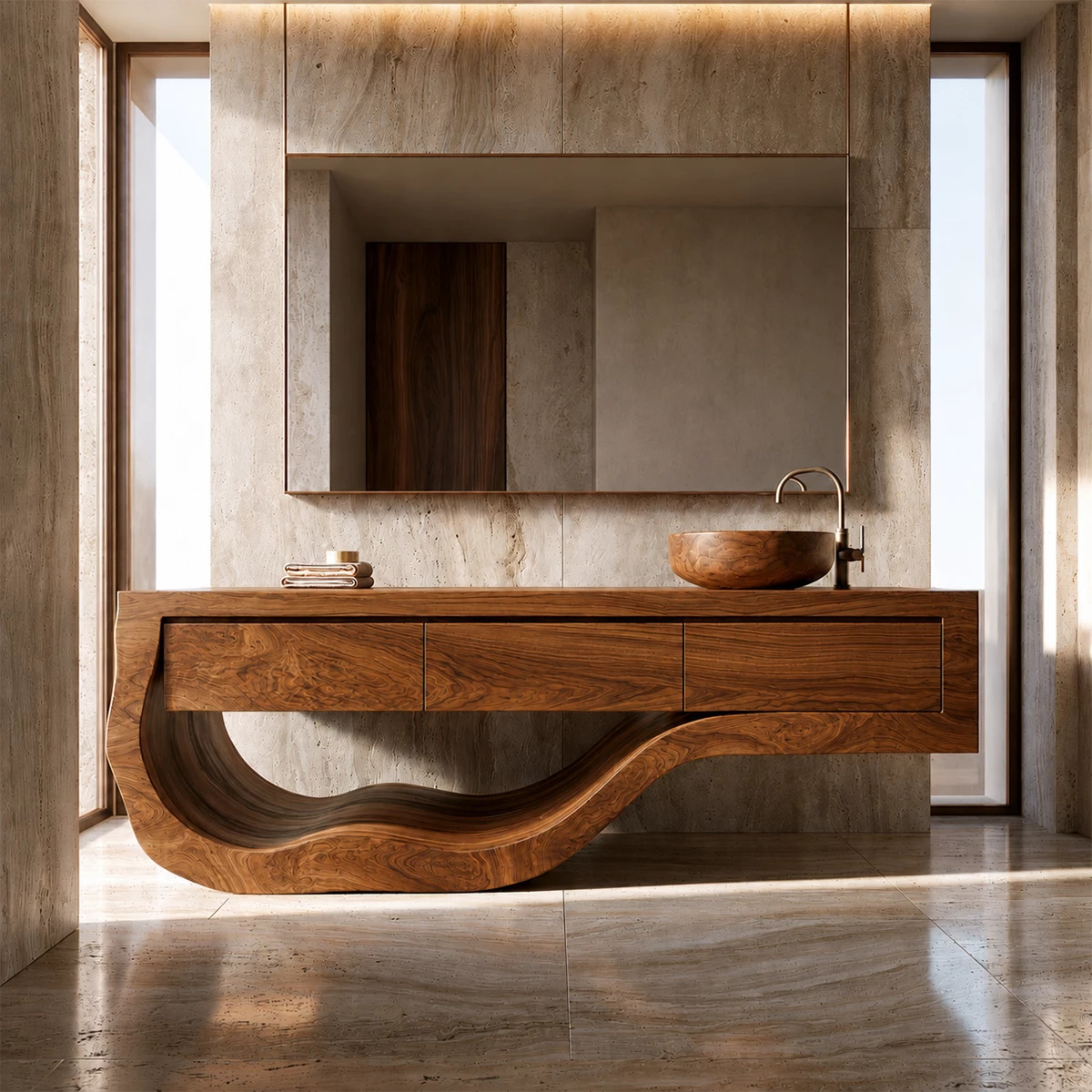 Natural Solid Wood Bathroom Vanity with Three Drawers and Sculptural Wave Base - Livewoodcraft - 2