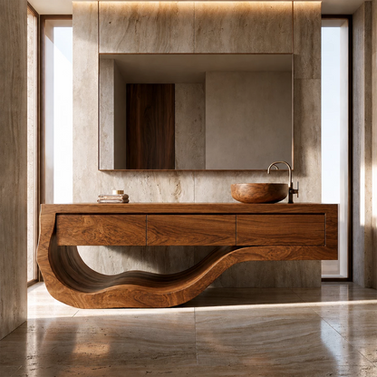 Natural Solid Wood Bathroom Vanity with Three Drawers and Sculptural Wave Base - Livewoodcraft - 2
