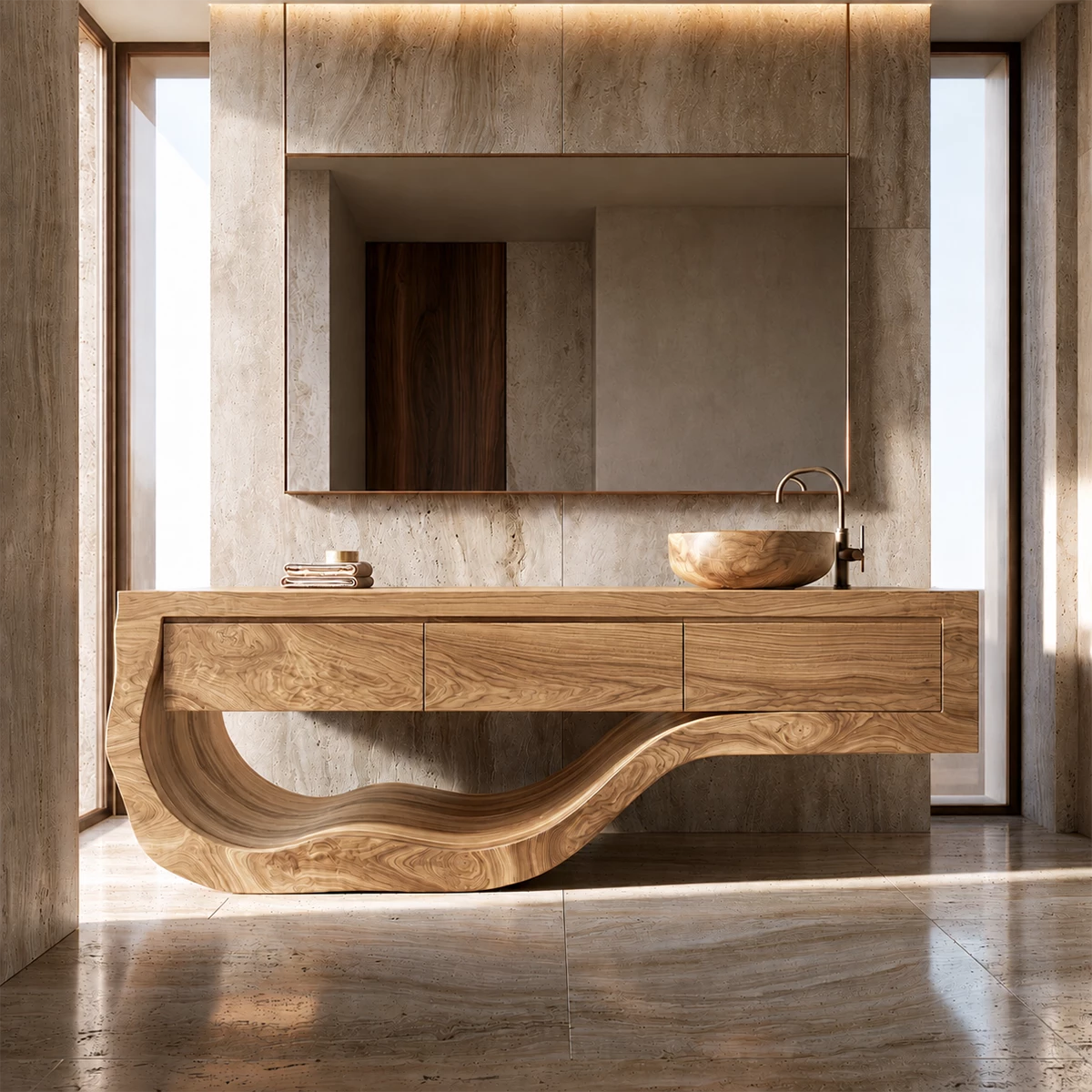 Natural Solid Wood Bathroom Vanity with Three Drawers and Sculptural Wave Base - Livewoodcraft - 3