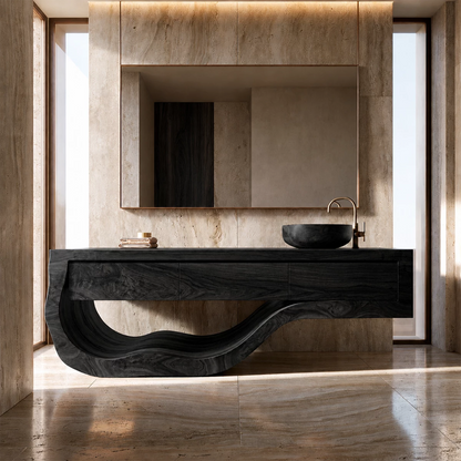 Natural Solid Wood Bathroom Vanity with Three Drawers and Sculptural Wave Base - Livewoodcraft - 4