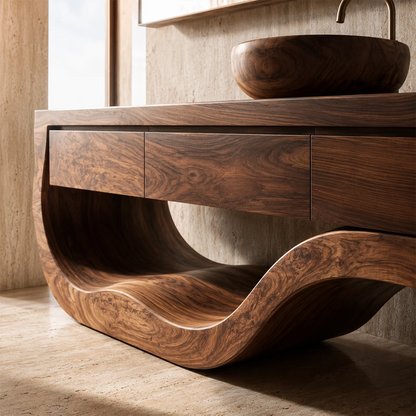 Natural Solid Wood Bathroom Vanity with Three Drawers and Sculptural Wave Base - Livewoodcraft - 5