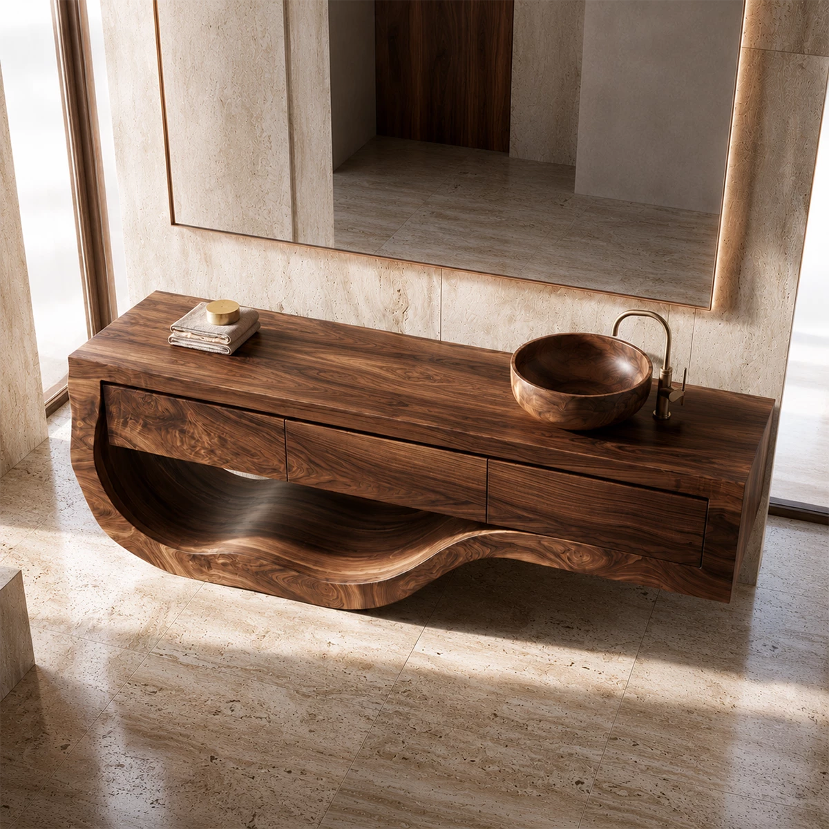 Natural Solid Wood Bathroom Vanity with Three Drawers and Sculptural Wave Base - Livewoodcraft - 6