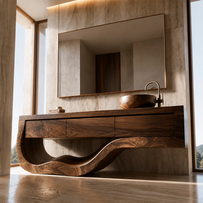 Natural Solid Wood Bathroom Vanity with Three Drawers and Sculptural Wave Base - Livewoodcraft - 7
