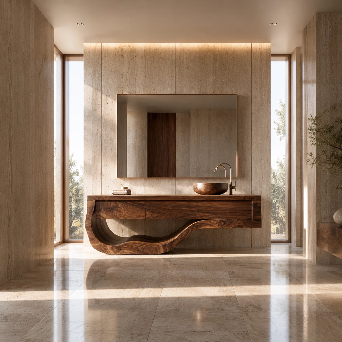 Natural Solid Wood Bathroom Vanity with Three Drawers and Sculptural Wave Base - Livewoodcraft - 8