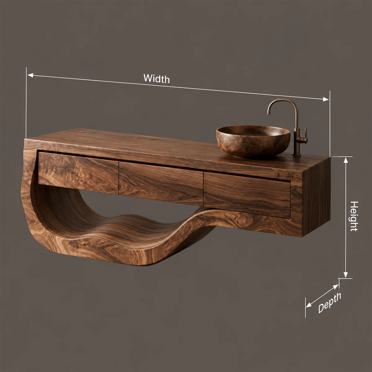 Natural Solid Wood Bathroom Vanity with Three Drawers and Sculptural Wave Base - Livewoodcraft - 9