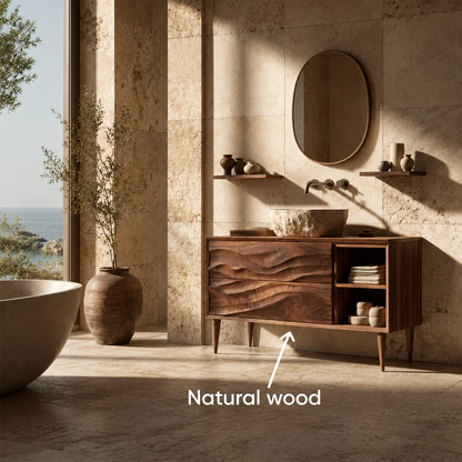 Natural Solid Wood Bathroom Vanity with Two Carved Drawers and Open Shelf - Livewoodcraft - 10