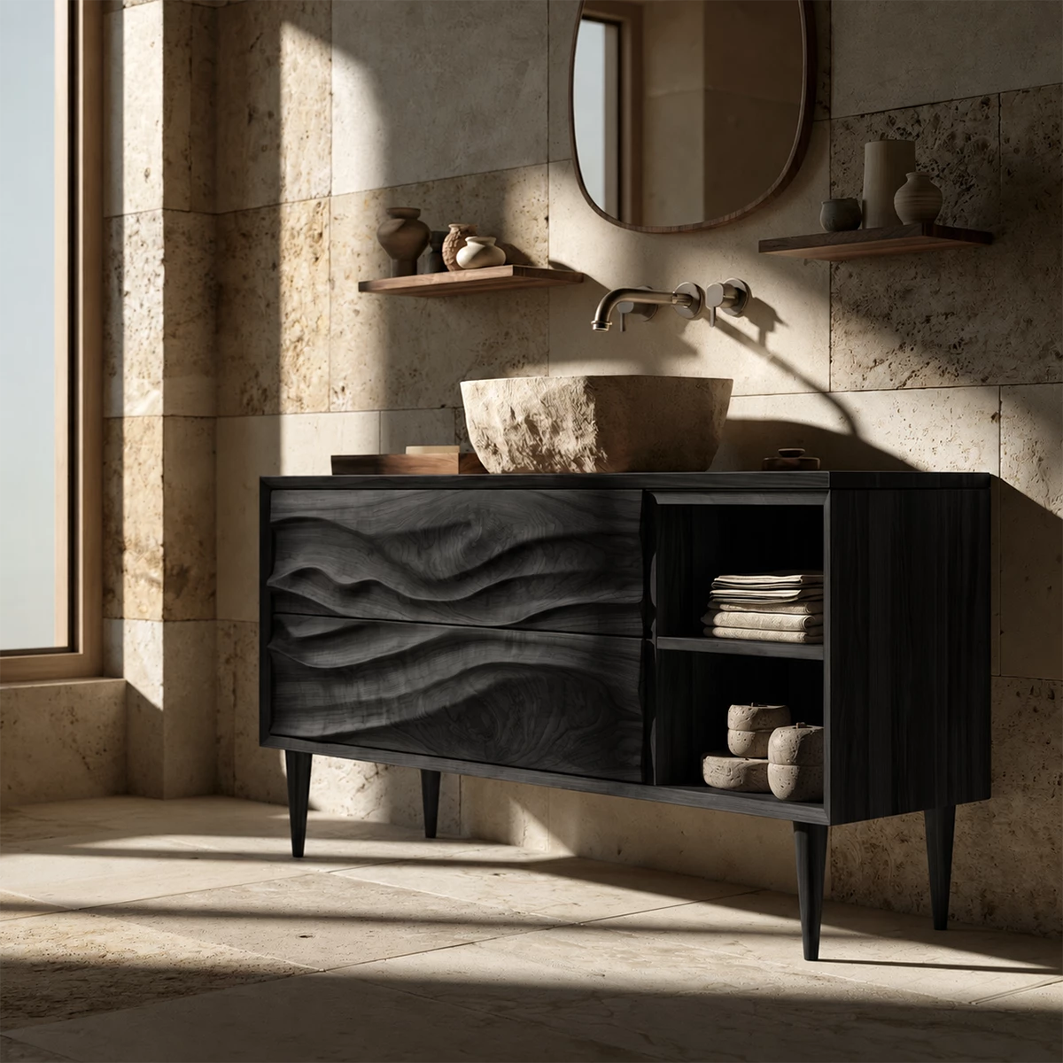 Natural Solid Wood Bathroom Vanity with Two Carved Drawers and Open Shelf - Livewoodcraft - 2