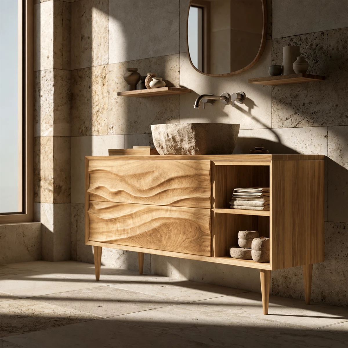 Natural Solid Wood Bathroom Vanity with Two Carved Drawers and Open Shelf - Livewoodcraft - 3
