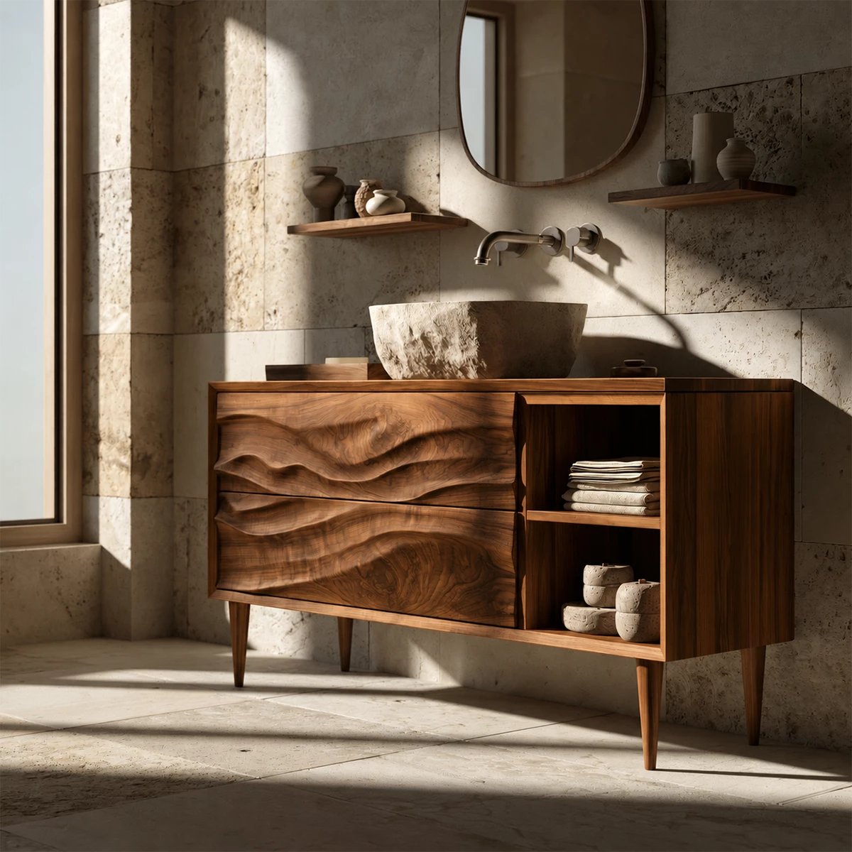 Natural Solid Wood Bathroom Vanity with Two Carved Drawers and Open Shelf - Livewoodcraft - 4