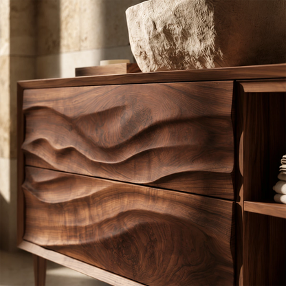 Natural Solid Wood Bathroom Vanity with Two Carved Drawers and Open Shelf - Livewoodcraft - 5