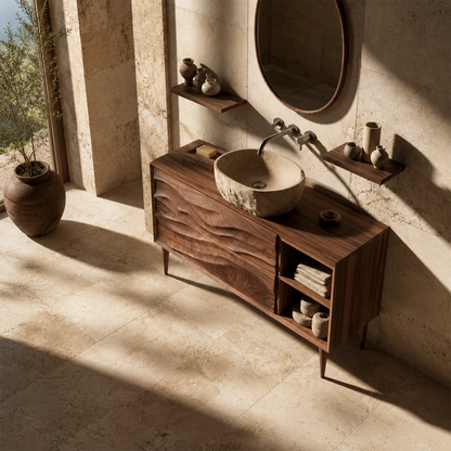 Natural Solid Wood Bathroom Vanity with Two Carved Drawers and Open Shelf - Livewoodcraft - 6