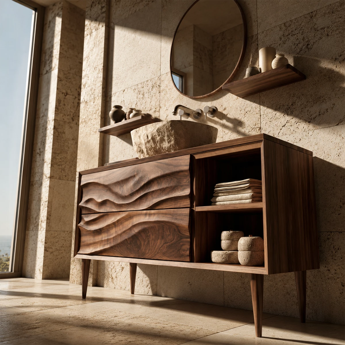 Natural Solid Wood Bathroom Vanity with Two Carved Drawers and Open Shelf - Livewoodcraft - 7