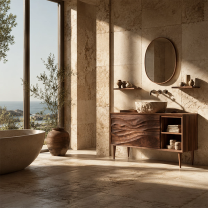 Natural Solid Wood Bathroom Vanity with Two Carved Drawers and Open Shelf - Livewoodcraft - 8