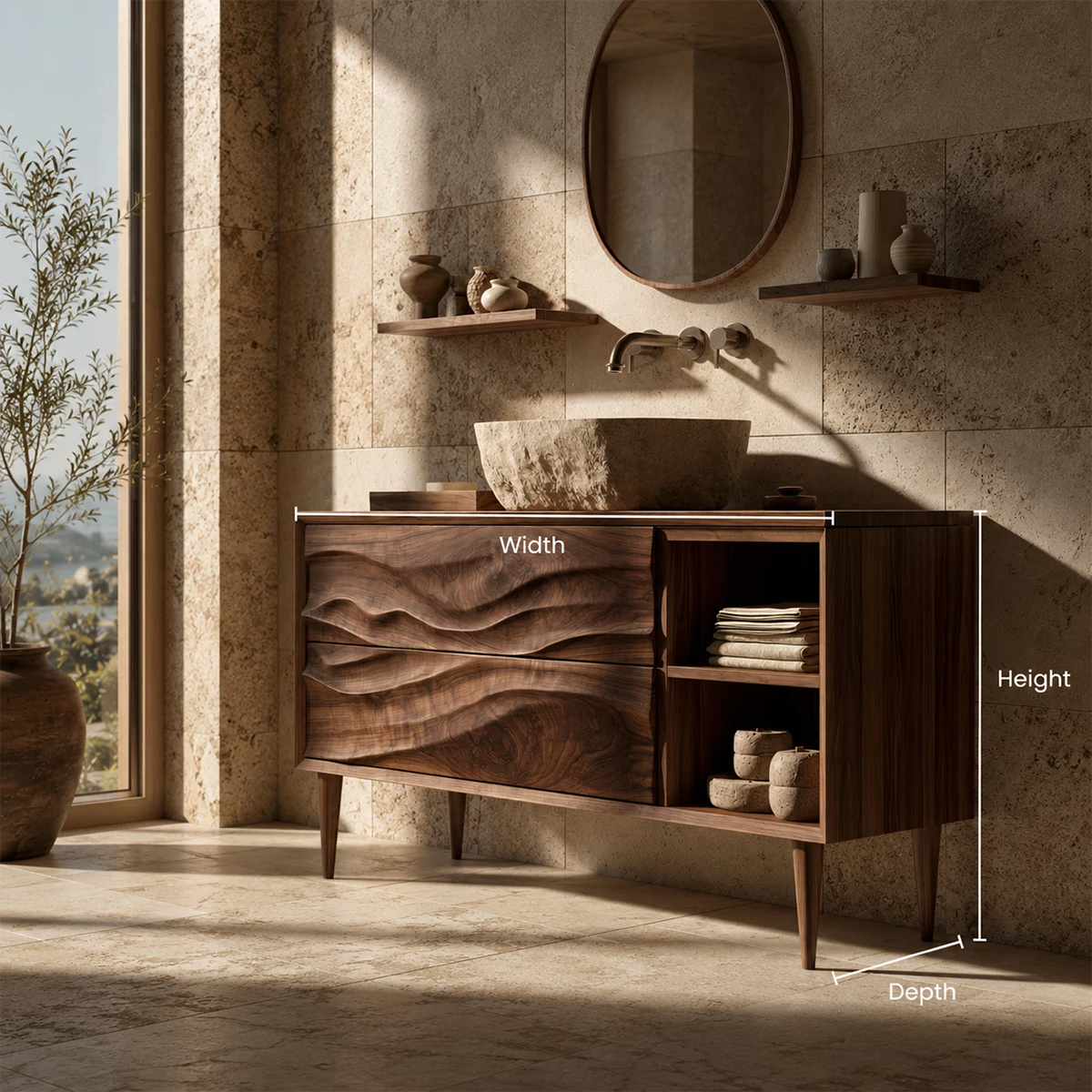 Natural Solid Wood Bathroom Vanity with Two Carved Drawers and Open Shelf - Livewoodcraft - 9
