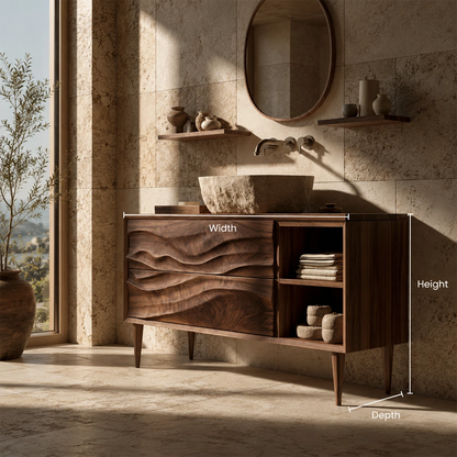Natural Solid Wood Bathroom Vanity with Two Carved Drawers and Open Shelf - Livewoodcraft - 9