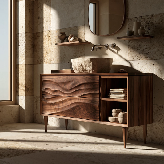 Natural Solid Wood Bathroom Vanity with Two Carved Drawers and Open Shelf - Livewoodcraft