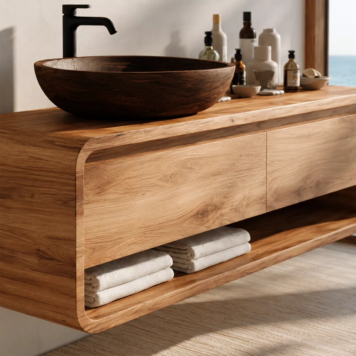 Natural Solid Wood Bathroom Vanity with Two Drawers Open Shelf Modern - Livewoodcraft - 1