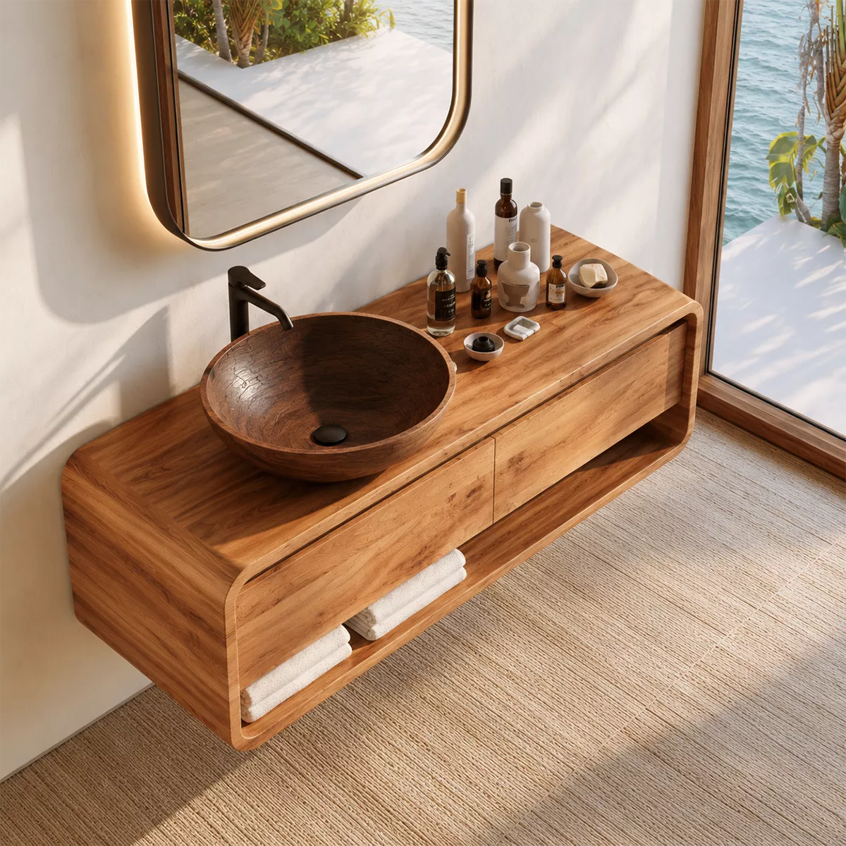 Natural Solid Wood Bathroom Vanity with Two Drawers Open Shelf Modern - Livewoodcraft - 2