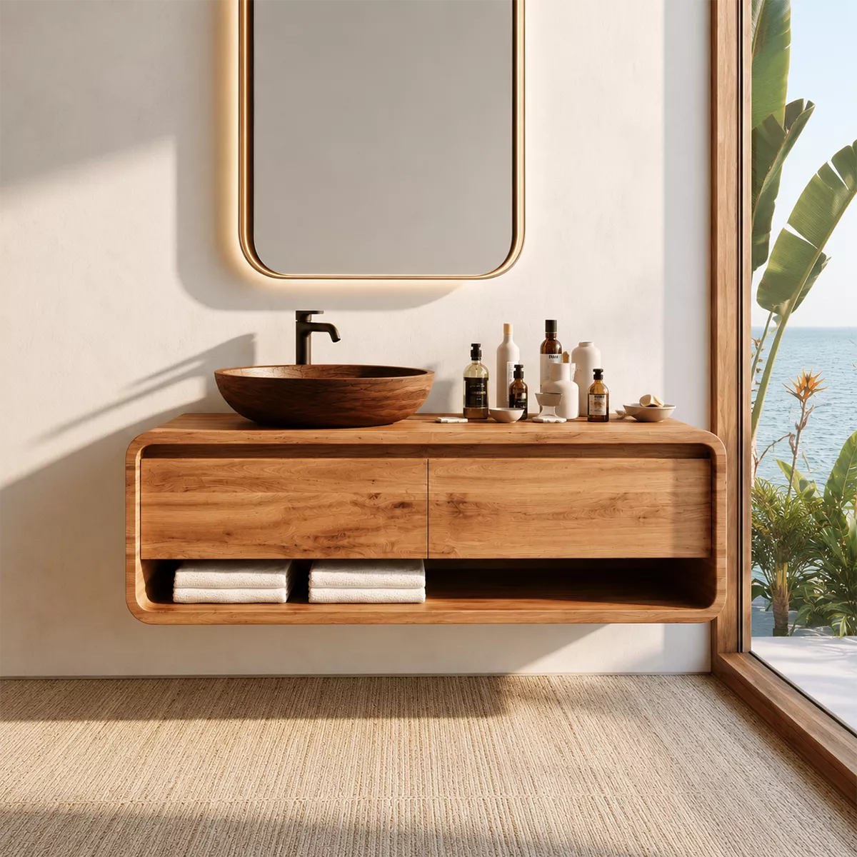 Natural Solid Wood Bathroom Vanity with Two Drawers Open Shelf Modern - Livewoodcraft - 3