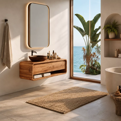 Natural Solid Wood Bathroom Vanity with Two Drawers Open Shelf Modern - Livewoodcraft - 4