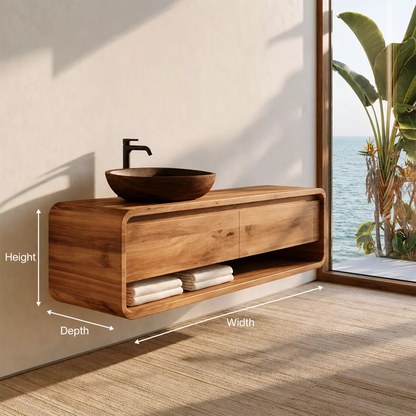 Natural Solid Wood Bathroom Vanity with Two Drawers Open Shelf Modern - Livewoodcraft - 5