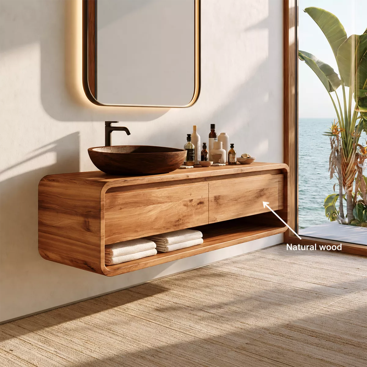 Natural Solid Wood Bathroom Vanity with Two Drawers Open Shelf Modern - Livewoodcraft - 6