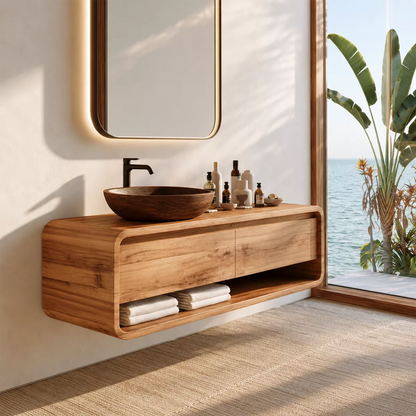 Natural Solid Wood Bathroom Vanity with Two Drawers Open Shelf Modern - Livewoodcraft - 7