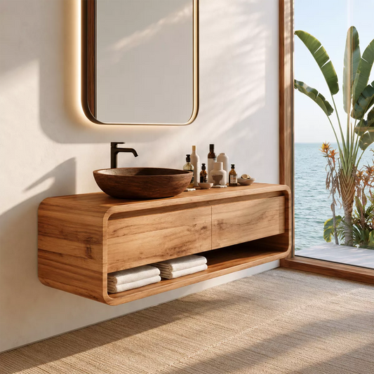 Natural Solid Wood Bathroom Vanity with Two Drawers Open Shelf Modern - Livewoodcraft