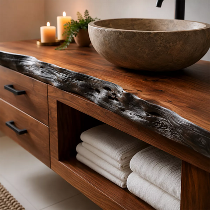 Natural Solid Wood Bathroom Vanity with Two Drawers Open Storage Rustic - Livewoodcraft - 1