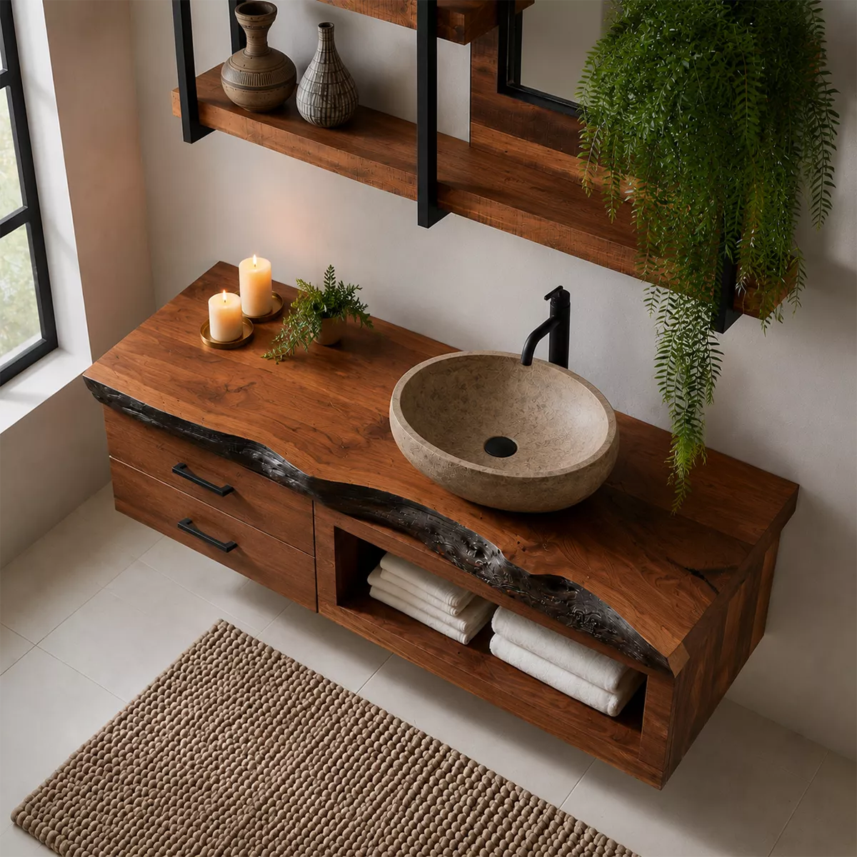 Natural Solid Wood Bathroom Vanity with Two Drawers Open Storage Rustic - Livewoodcraft - 2
