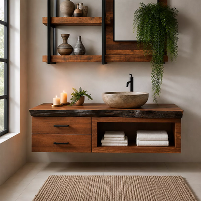 Natural Solid Wood Bathroom Vanity with Two Drawers Open Storage Rustic - Livewoodcraft - 3