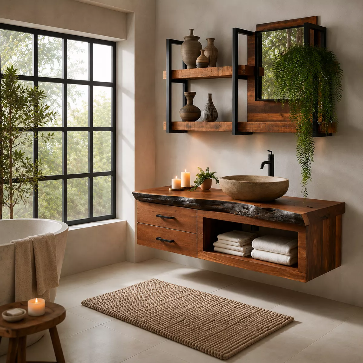 Natural Solid Wood Bathroom Vanity with Two Drawers Open Storage Rustic - Livewoodcraft - 4