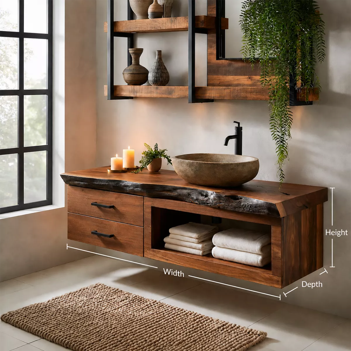 Natural Solid Wood Bathroom Vanity with Two Drawers Open Storage Rustic - Livewoodcraft - 5