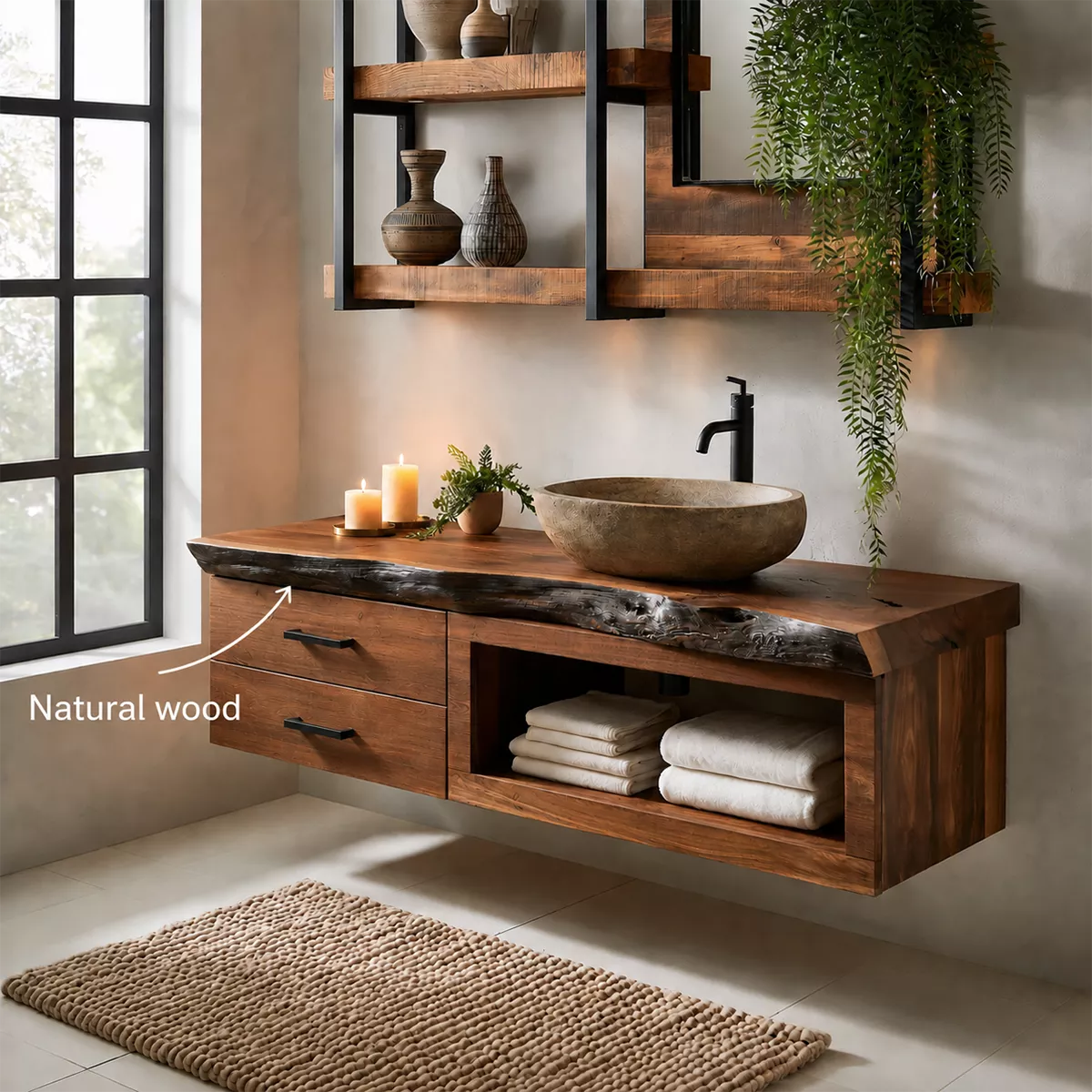Natural Solid Wood Bathroom Vanity with Two Drawers Open Storage Rustic - Livewoodcraft - 6