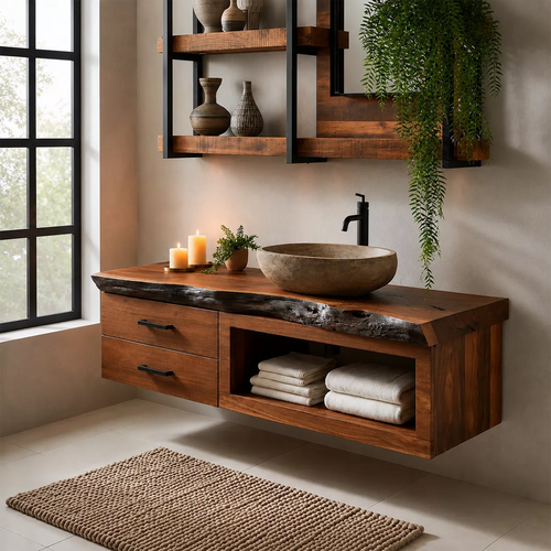 Natural Solid Wood Bathroom Vanity with Two Drawers Open Storage Rustic - Livewoodcraft - 7