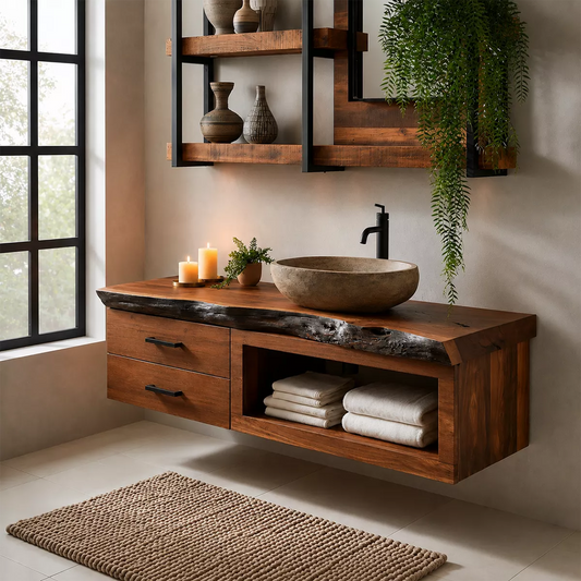 Natural Solid Wood Bathroom Vanity with Two Drawers Open Storage Rustic - Livewoodcraft