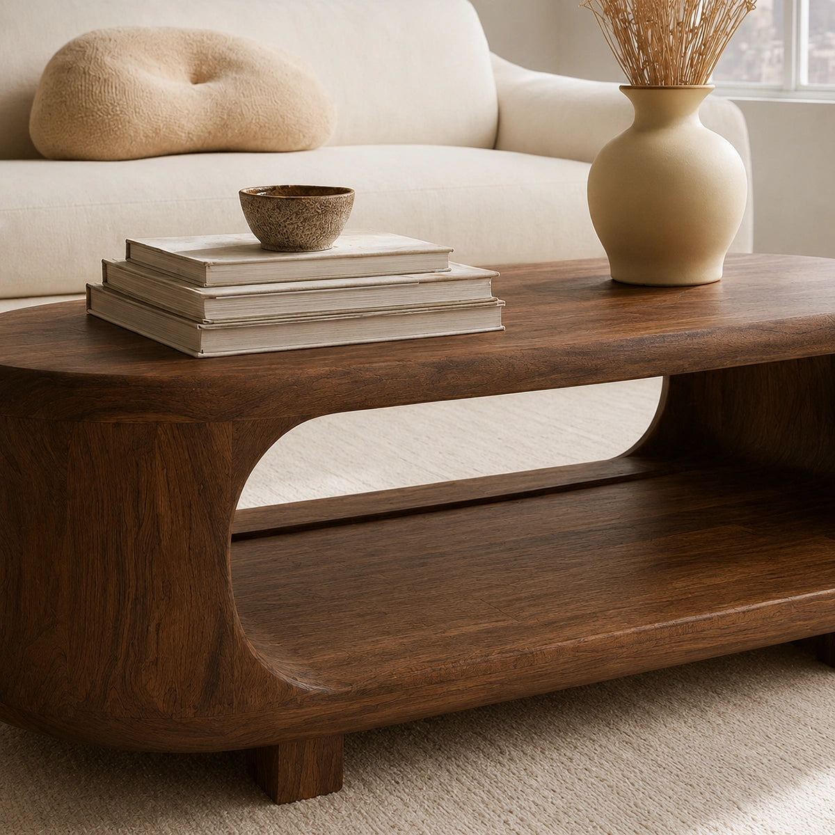 Natural Solid Wood Coffee Table – Rounded Japandi Modern Style - Livewoodcraft - 5