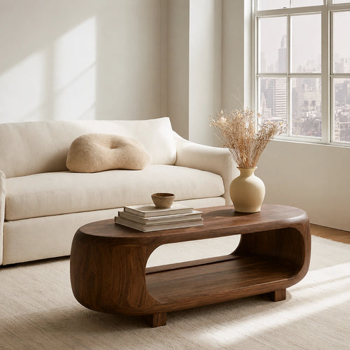 Natural Solid Wood Coffee Table – Rounded Japandi Modern Style - Livewoodcraft
