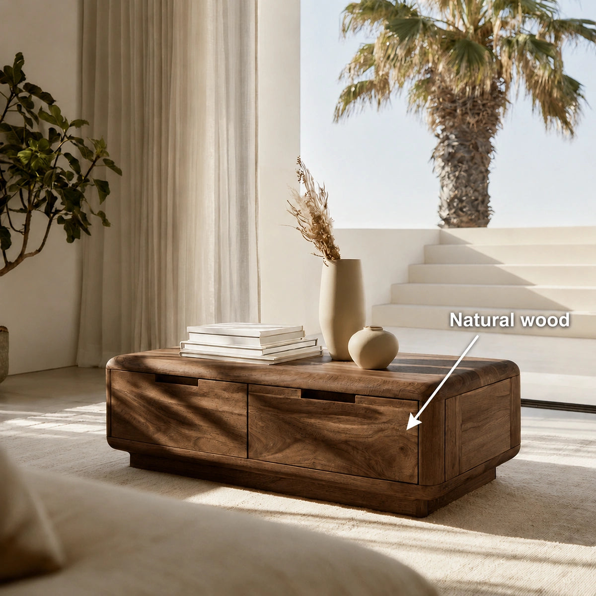 Natural Solid Wood Coffee Table – Rounded Modern Storage Style - Livewoodcraft - 10
