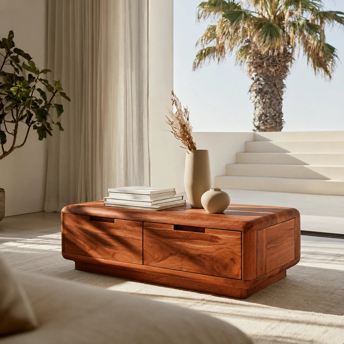 Natural Solid Wood Coffee Table – Rounded Modern Storage Style - Livewoodcraft - 2