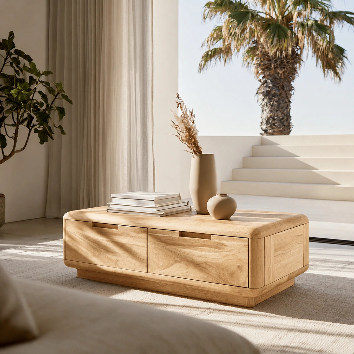 Natural Solid Wood Coffee Table – Rounded Modern Storage Style - Livewoodcraft - 3
