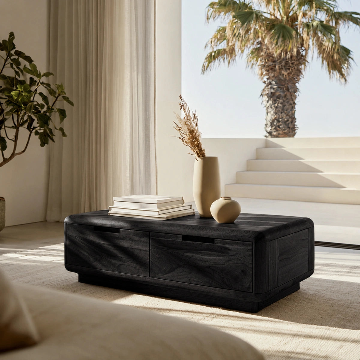 Natural Solid Wood Coffee Table – Rounded Modern Storage Style - Livewoodcraft - 4